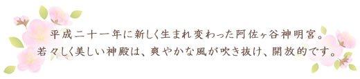 平成二十一年に新しく生まれ変わった阿佐ヶ谷神明宮。若々しく美しい神殿は、爽やかな風が吹き抜け、開放的です。