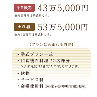 挙式プラン一式と和食懐石20名様分・飲物・サービス料・会場使用料が含まれます